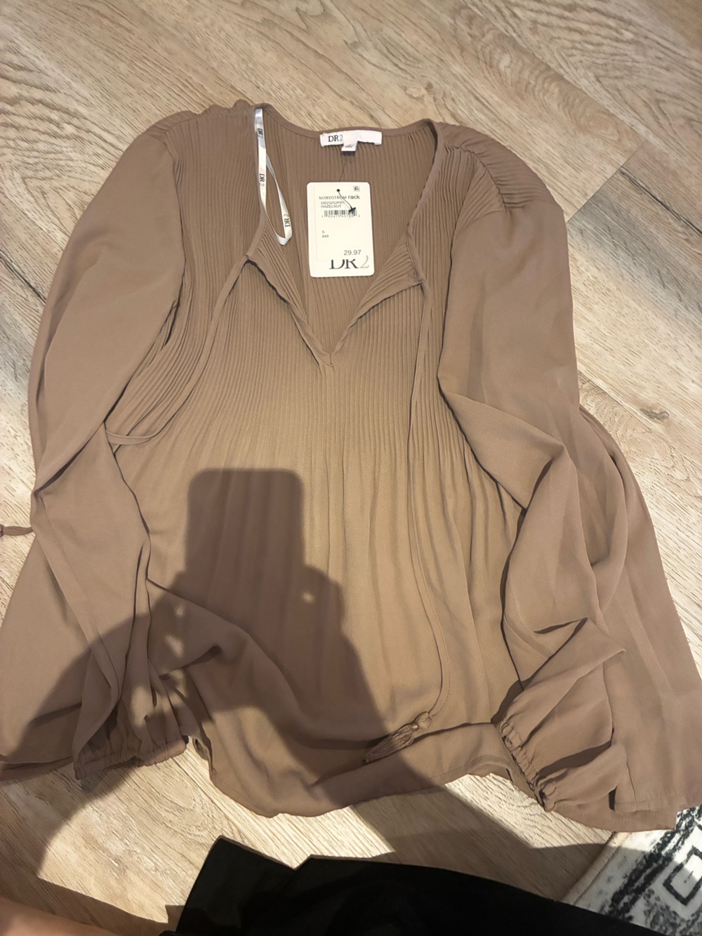 DR2 Nordstrom Taupe Pleated V-Neck Blouse